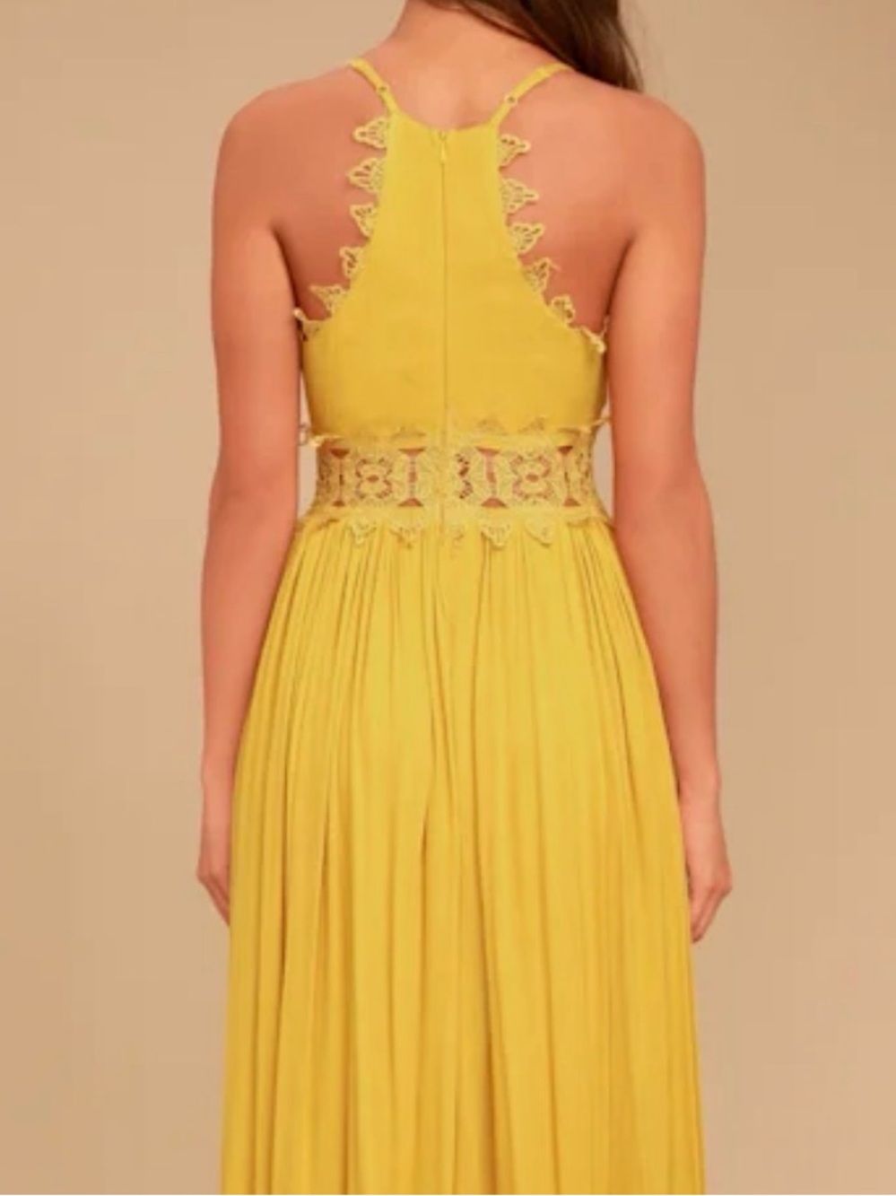 Lulus This is Love Lace Maxi Dress Women's Small Yellow Crochet Trim Deep V Neck - Picture 3 of 12